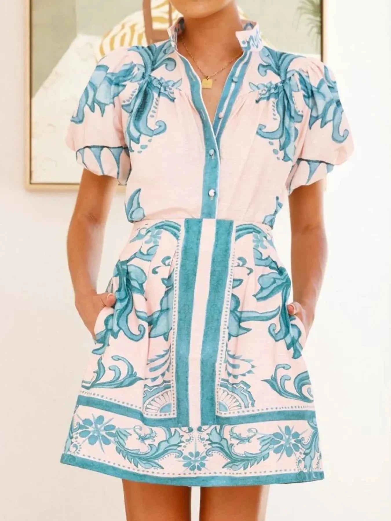 Printed Puff Sleeve Top and Skirt Set.