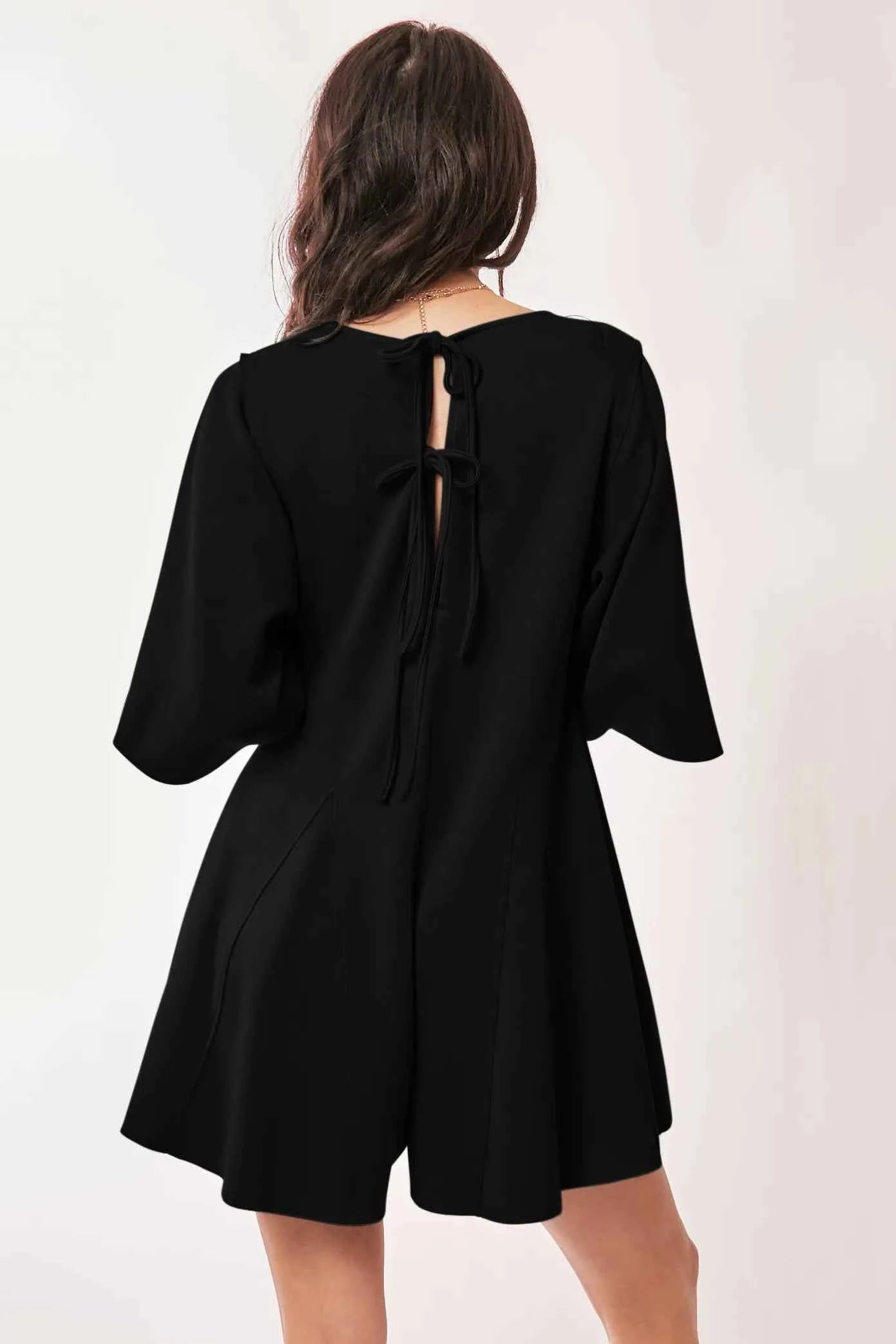 Davi & Dani Solid Draped Sleeve Ties Back Skort Romper.