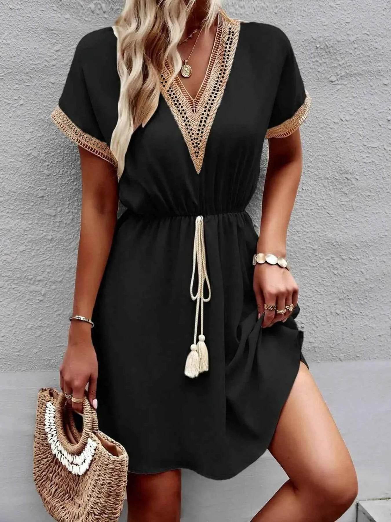 V-Neck Short Sleeve Mini Dress.