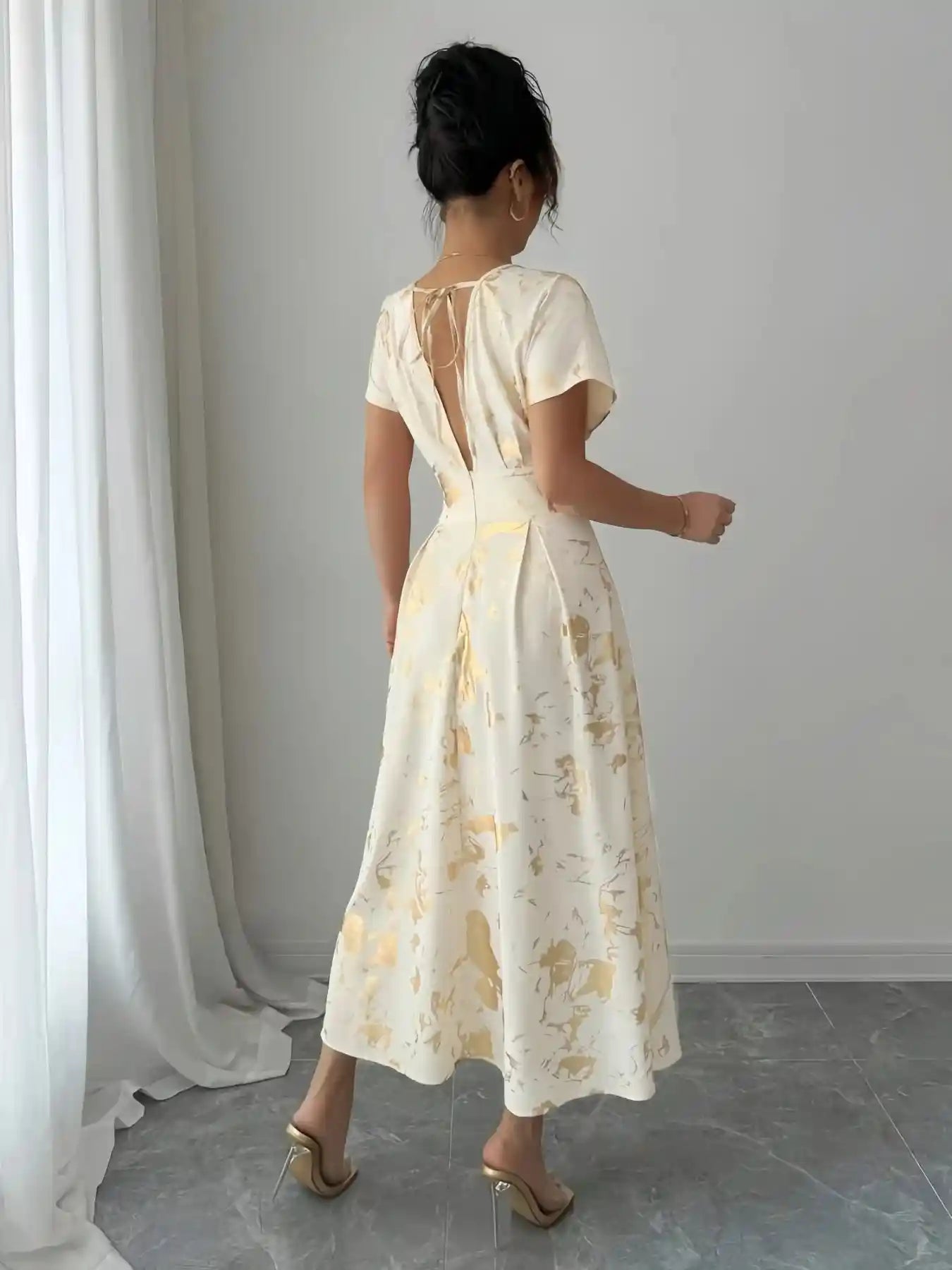 Printed V-Neck Short Sleeve Dress.