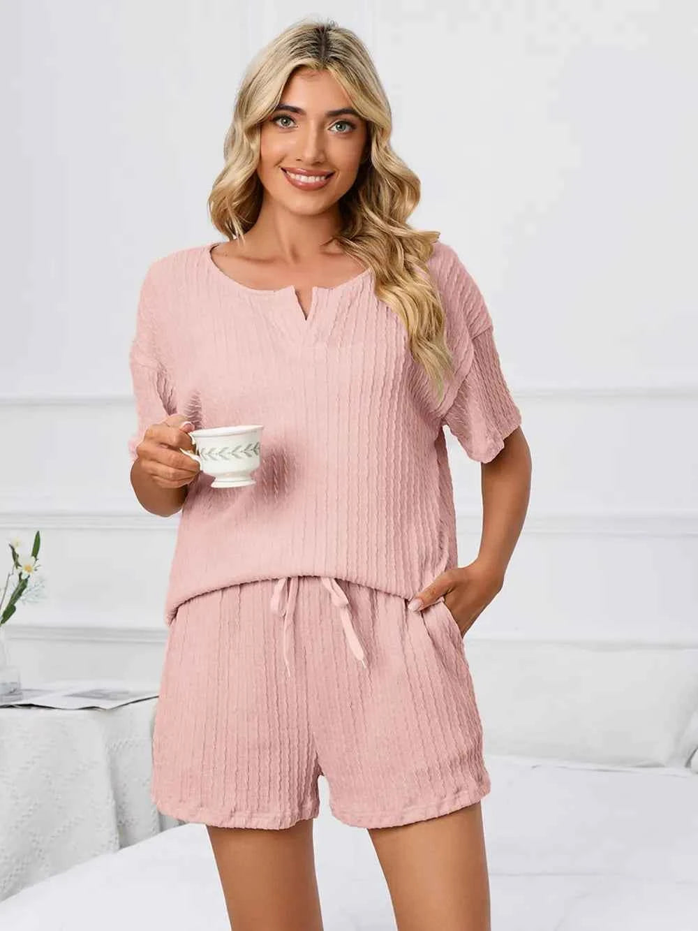 Notched Short Sleeve and Shorts Lounge Set.