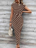 Striped Round Neck Cap Sleeve Midi Dress.
