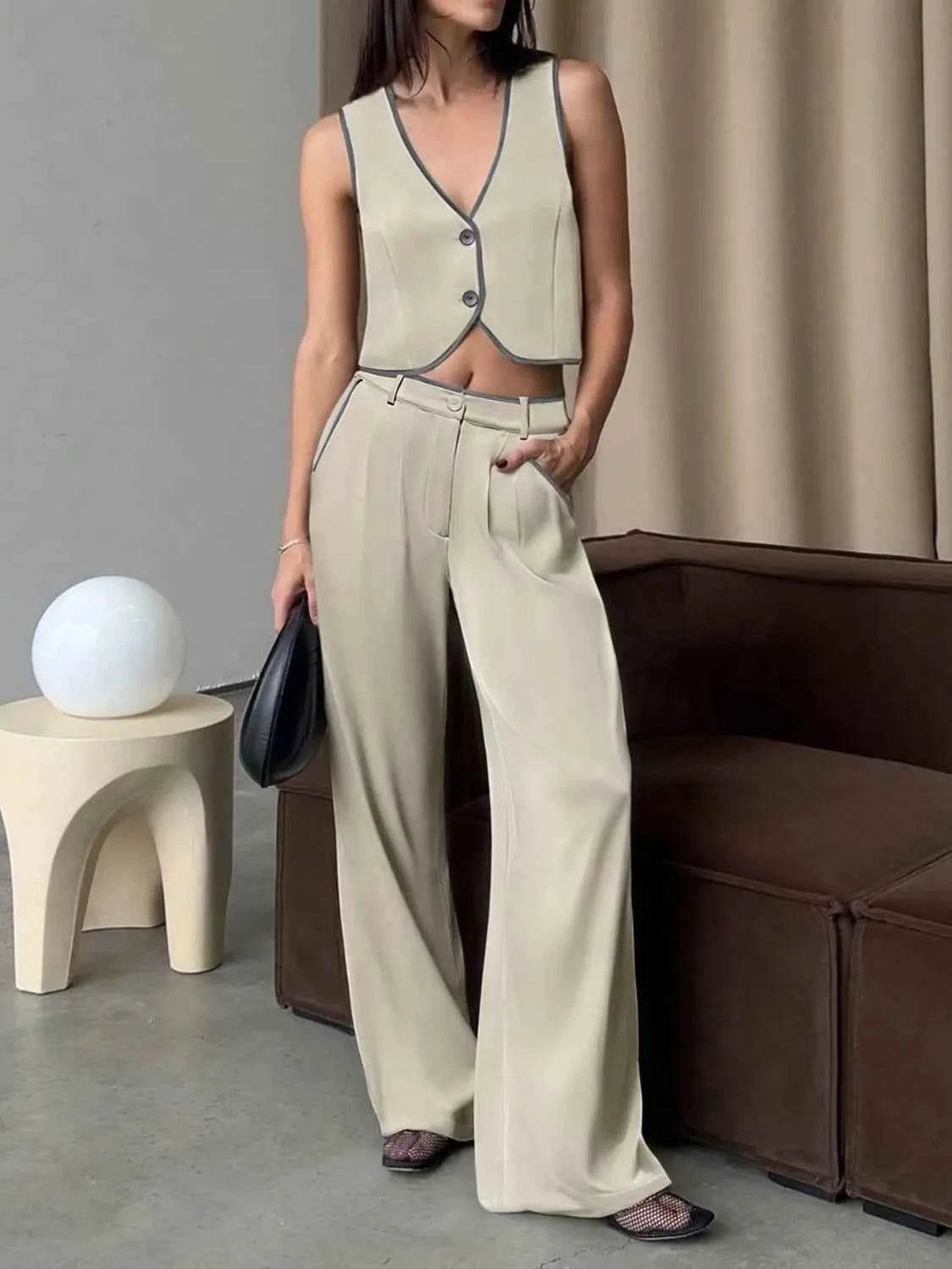 Stylish V-Neck Vest and Pants Set - EBYNN