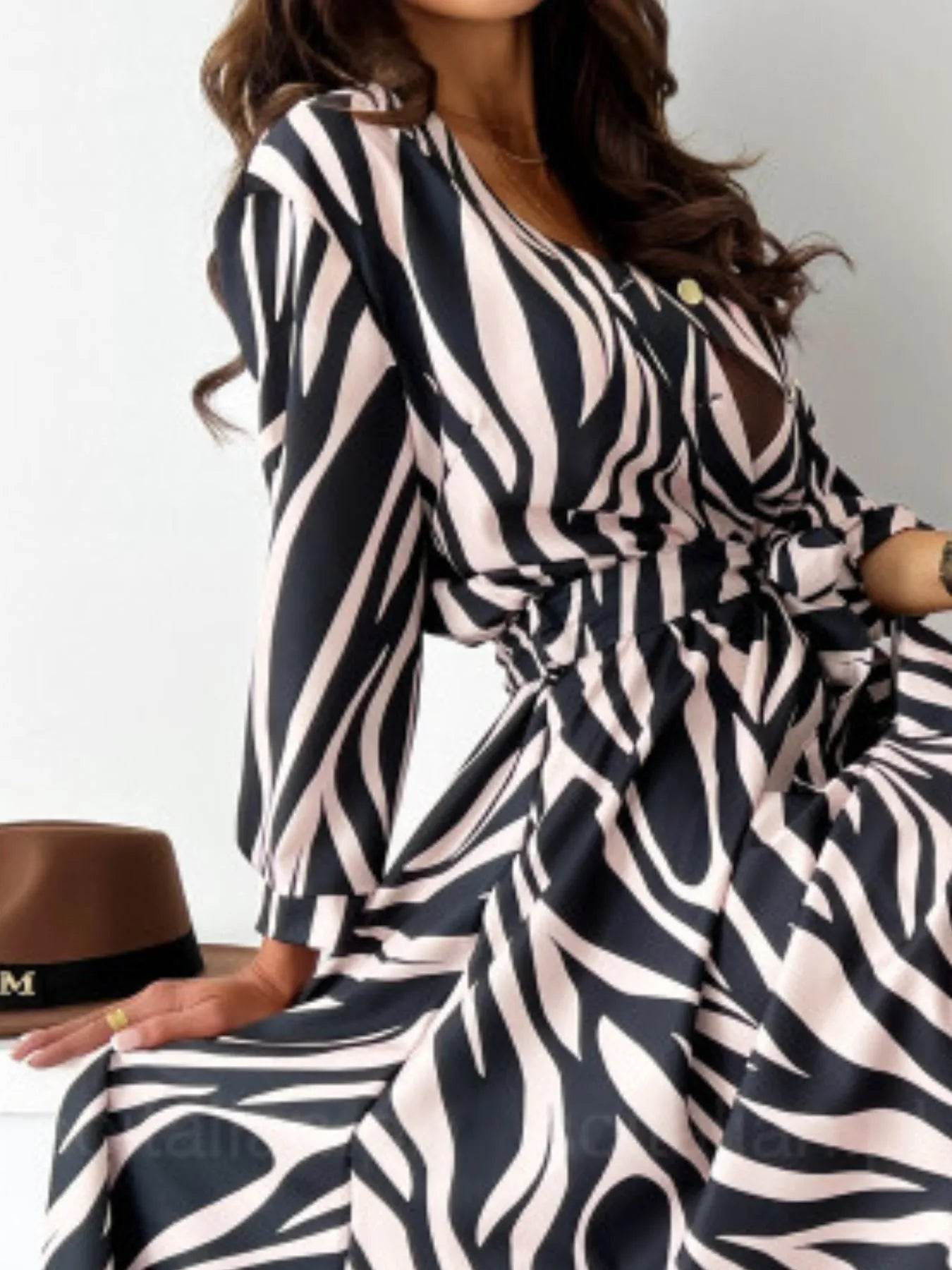 Printed Tie Waist Midi Dress - EBYNN