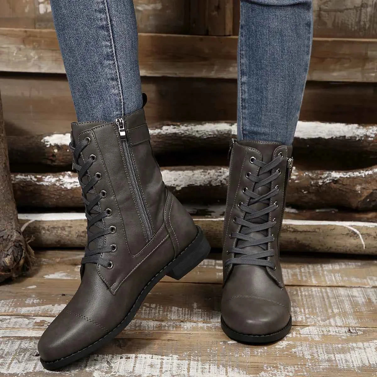 Round Toe Lace-Up Block Heels Boots.