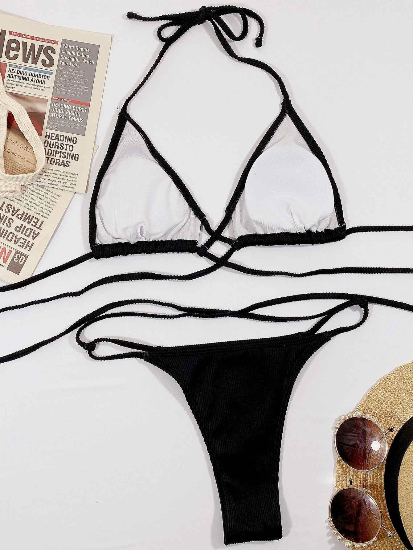 Halter Neck Crisscross Ribbed Bikini Set.