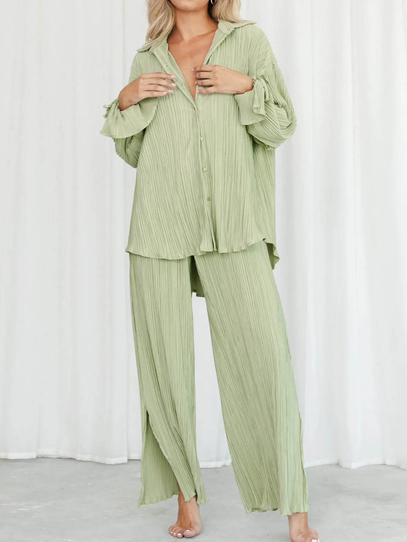 Button Up Long Sleeve Set with Pants - Stylish and Comfortable Outfit - EBYNN