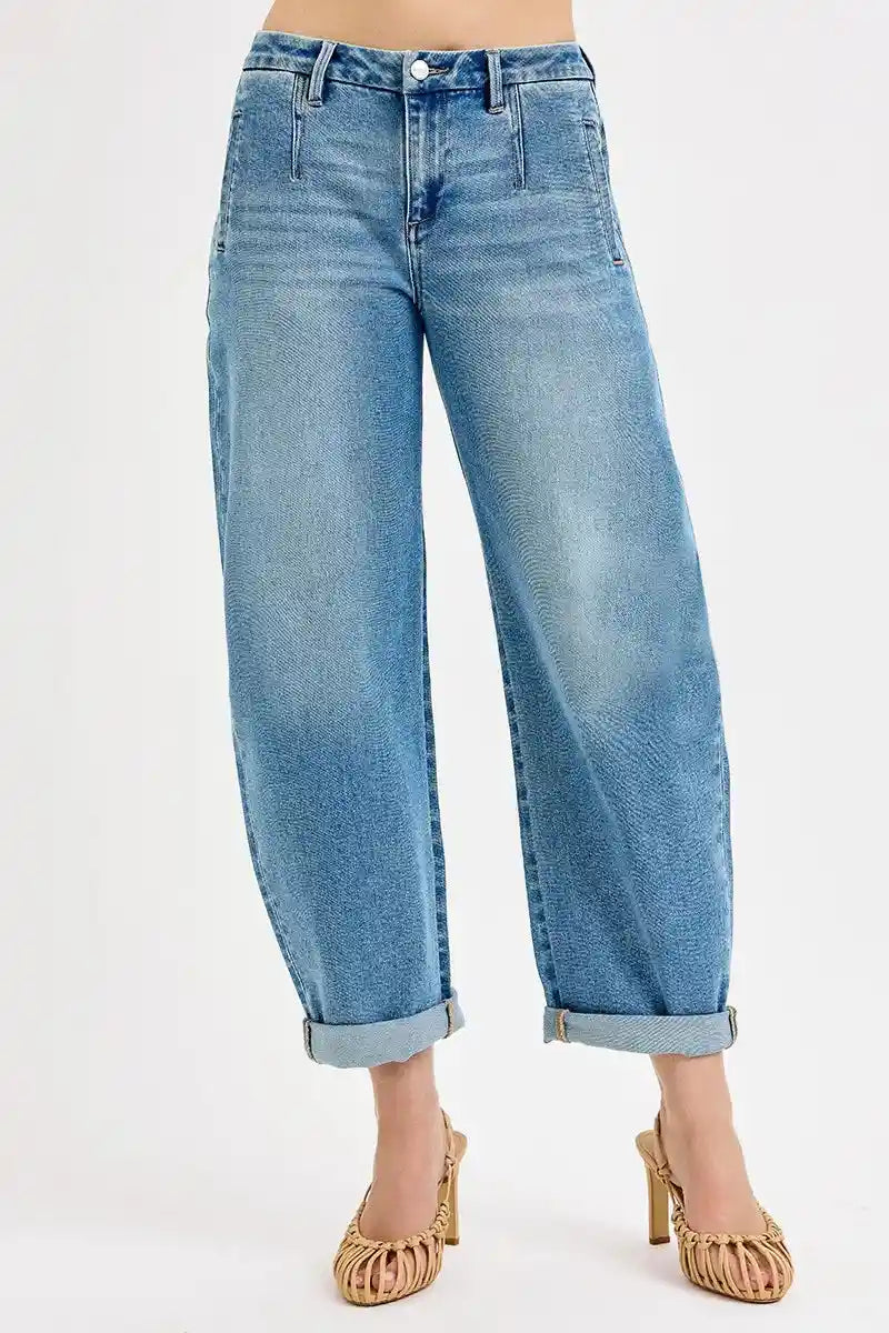 RISEN Full Size Mid Rise Fit Barrel Roll Up Jeans Plus Size.