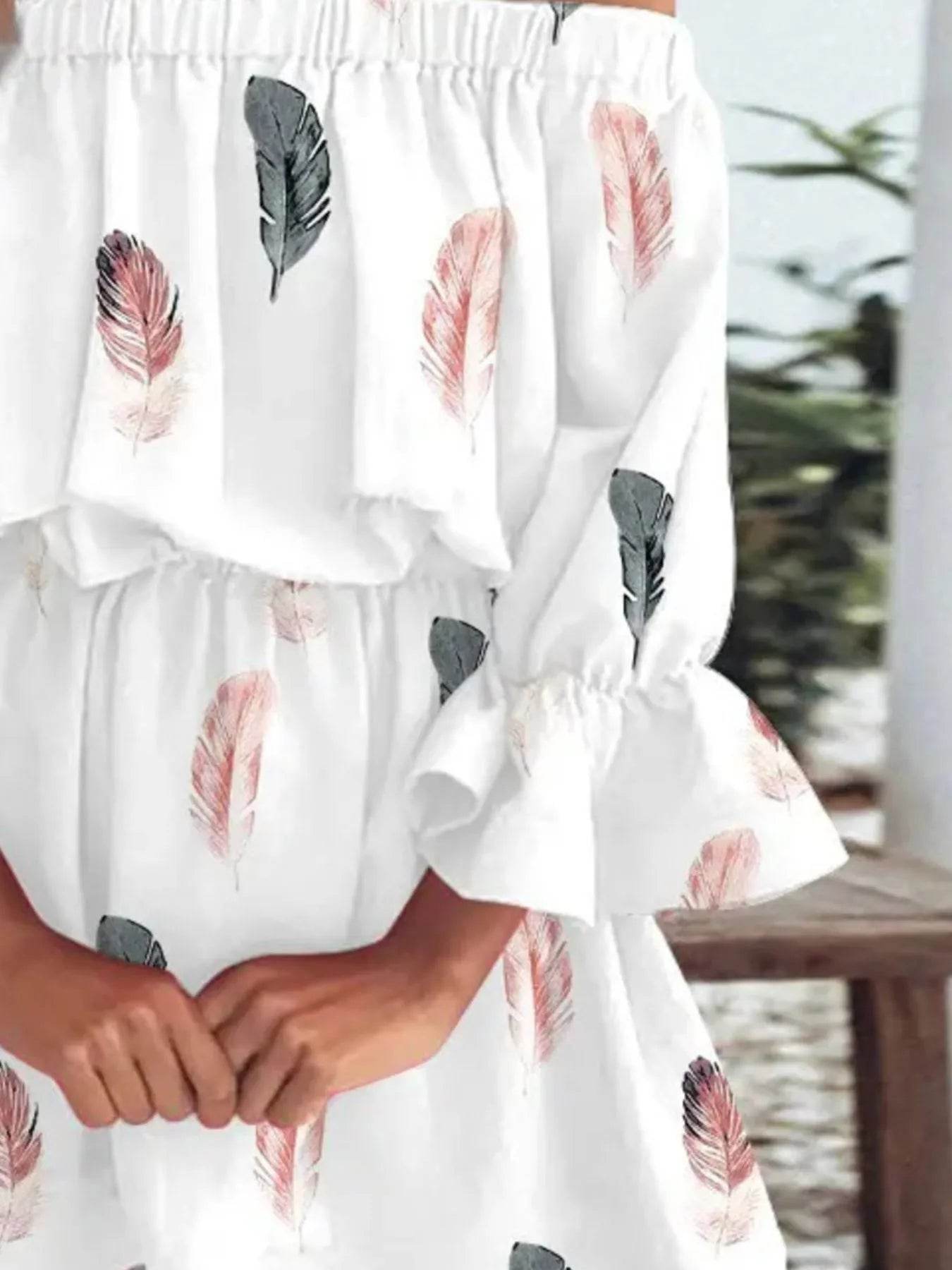 Floral Off-Shoulder Flounce Sleeve Mini Dress Plus Size.