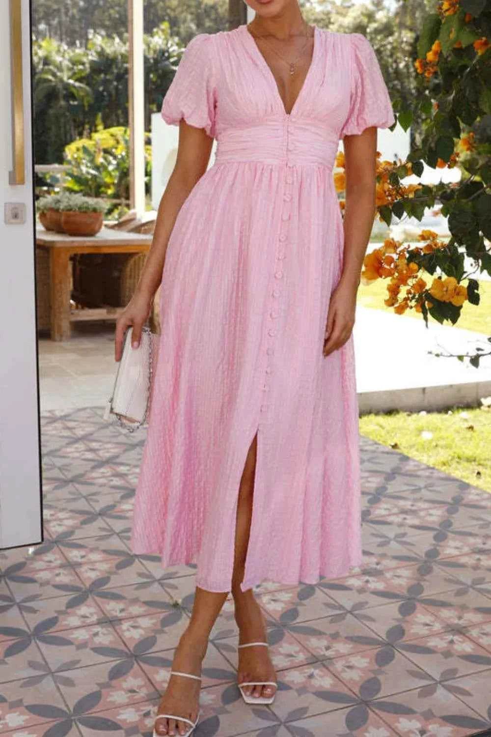 V-Neck Puff Short Sleeve Midi Dress.