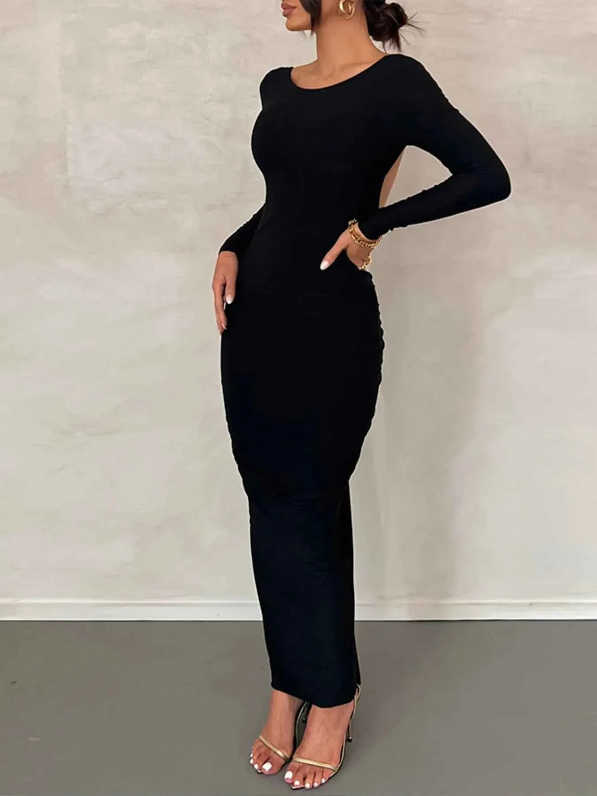 Backless Ruched Long Sleeve Maxi Dress.