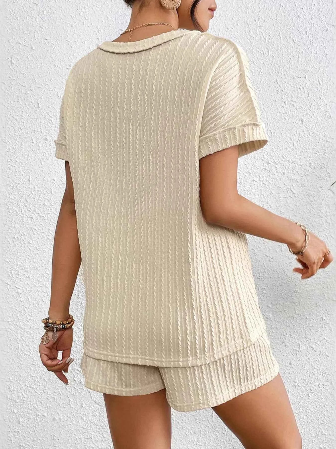 Texture Round Neck Top and Shorts Lounge Set.