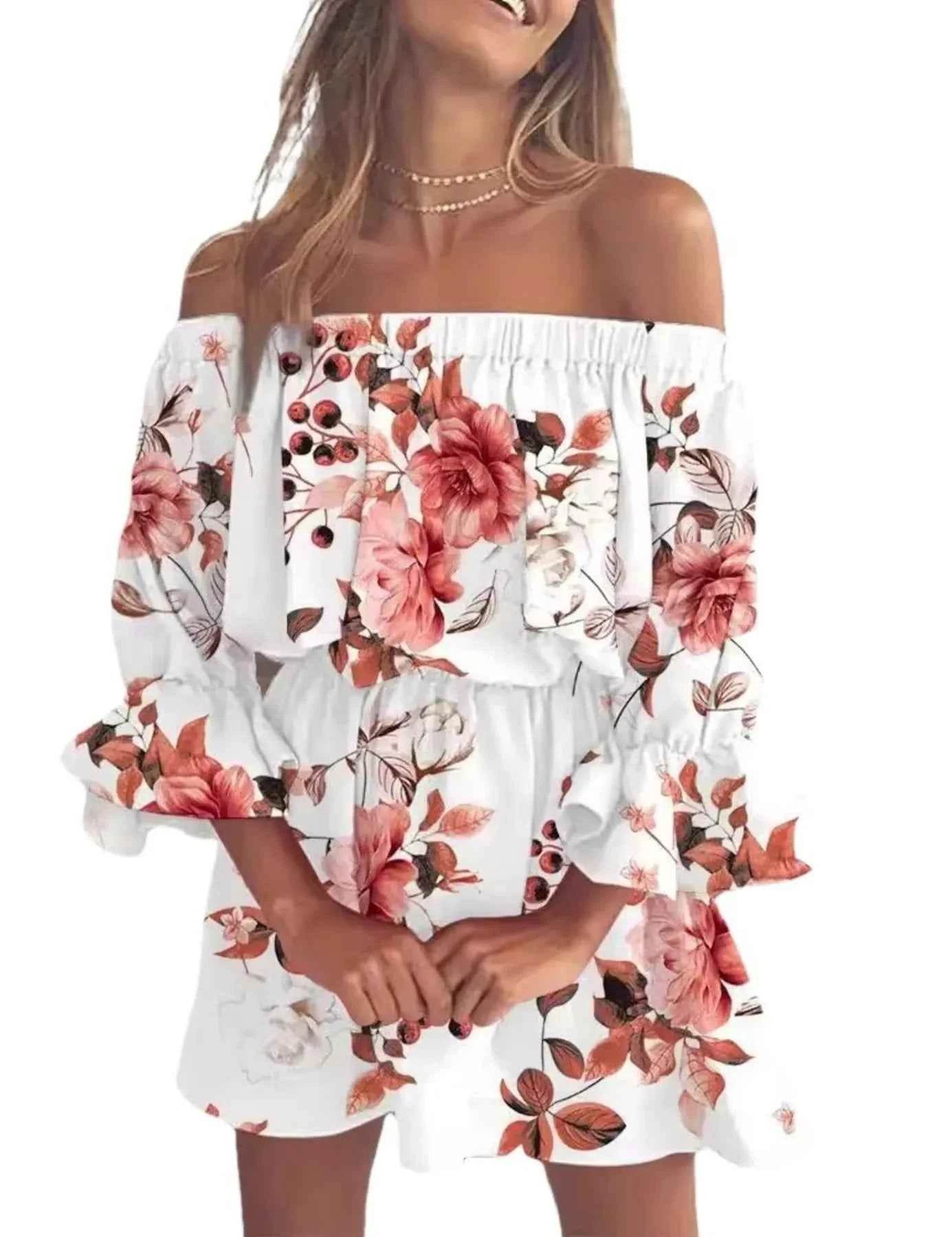 Floral Off-Shoulder Flounce Sleeve Mini Dress Plus Size.