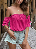 Off-Shoulder Swiss Dot Blouse with Tie Front.