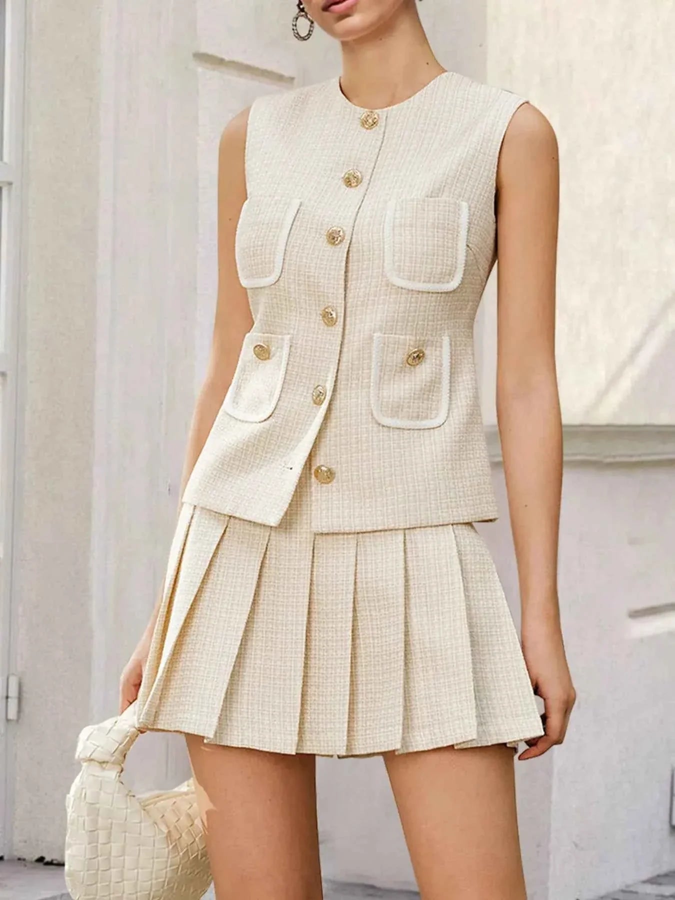 Tweed Button-Front Vest and Pleated Skirt Set.