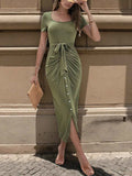 Round Neck Tie-Waist Bodycon Dress.