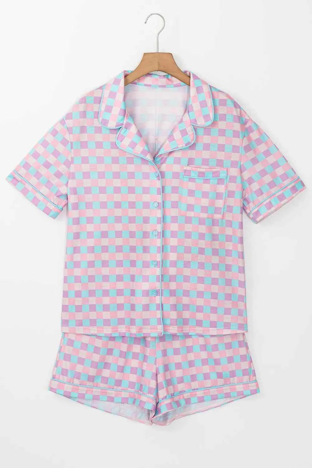 Plaid Collared Neck Short Sleeve Top and Shorts Lounge Set.