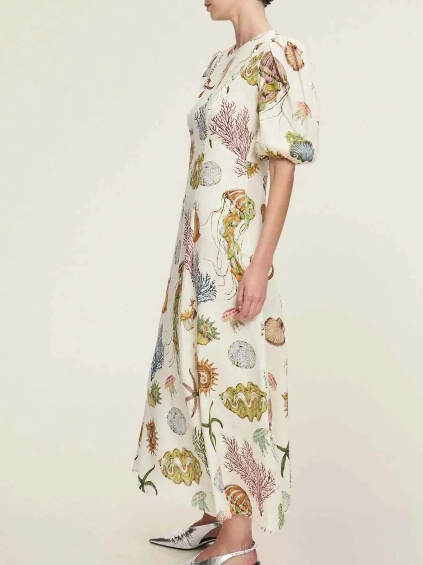 Printed Round Neck Puff Sleeve Dress.