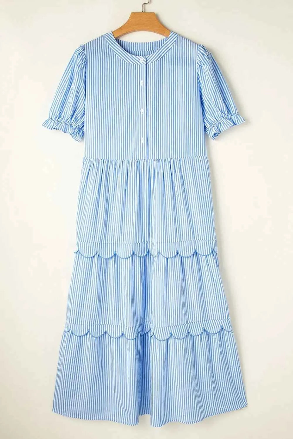 Stripe Bubble Short Sleeve Tiered Scallop Midi Dress.