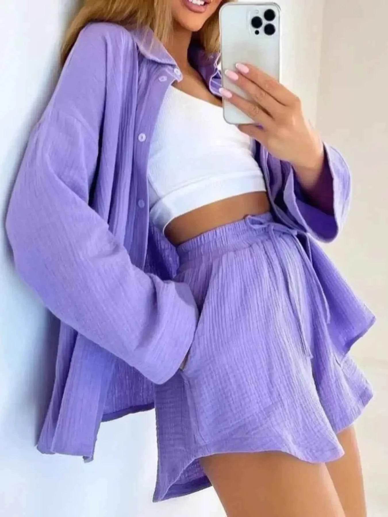Texture Button Up Shirt and Shorts Set - EBYNN