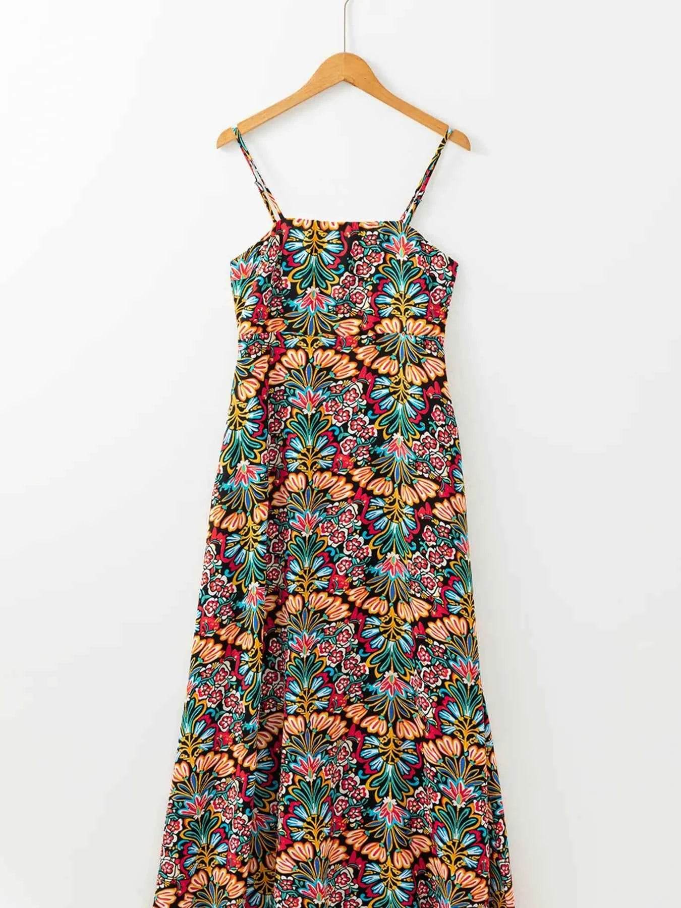 Floral Print High Waist Maxi Dress with Thin Straps.