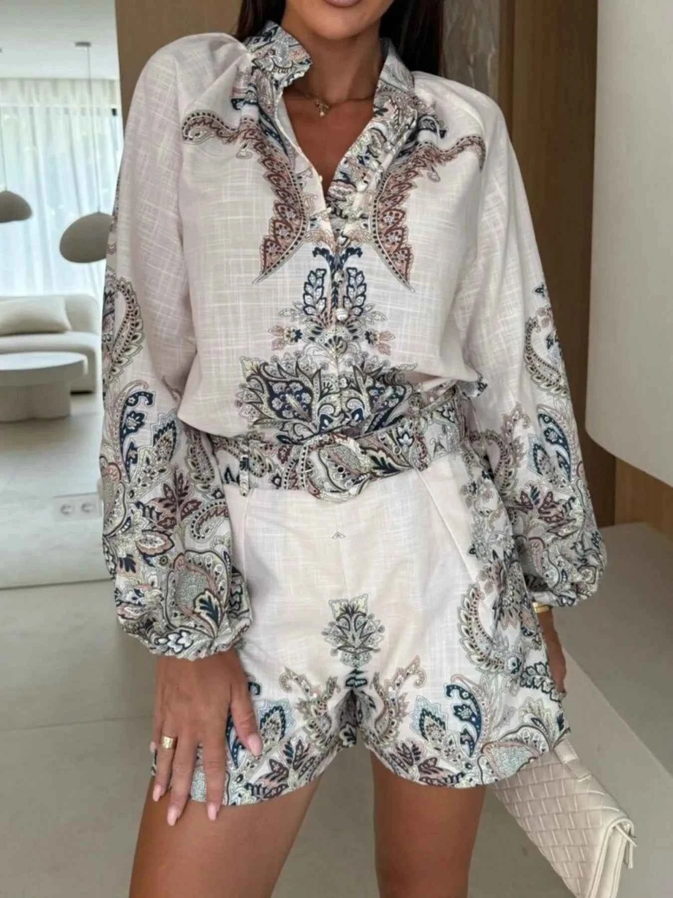 Printed Long Sleeve Shirt and Shorts Set.