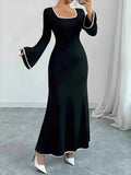 Plus Size Contrast Trim Square Neck Long Sleeve Maxi Dress.