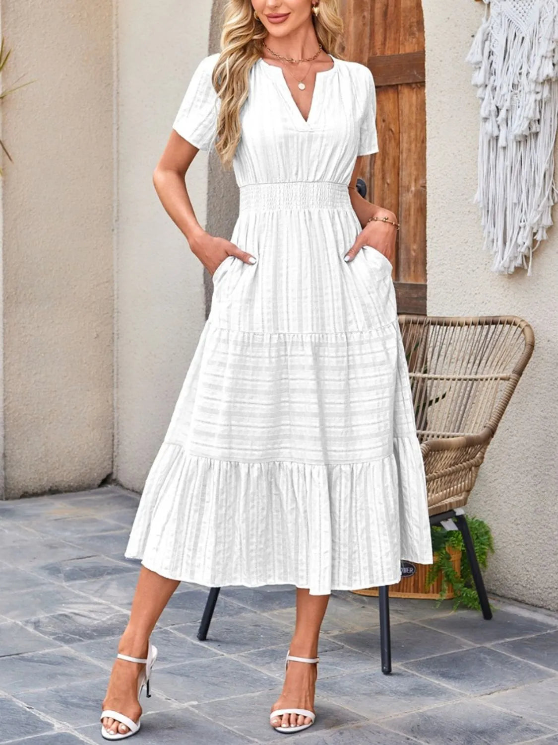 Tiered Notched Short Sleeve Dress.