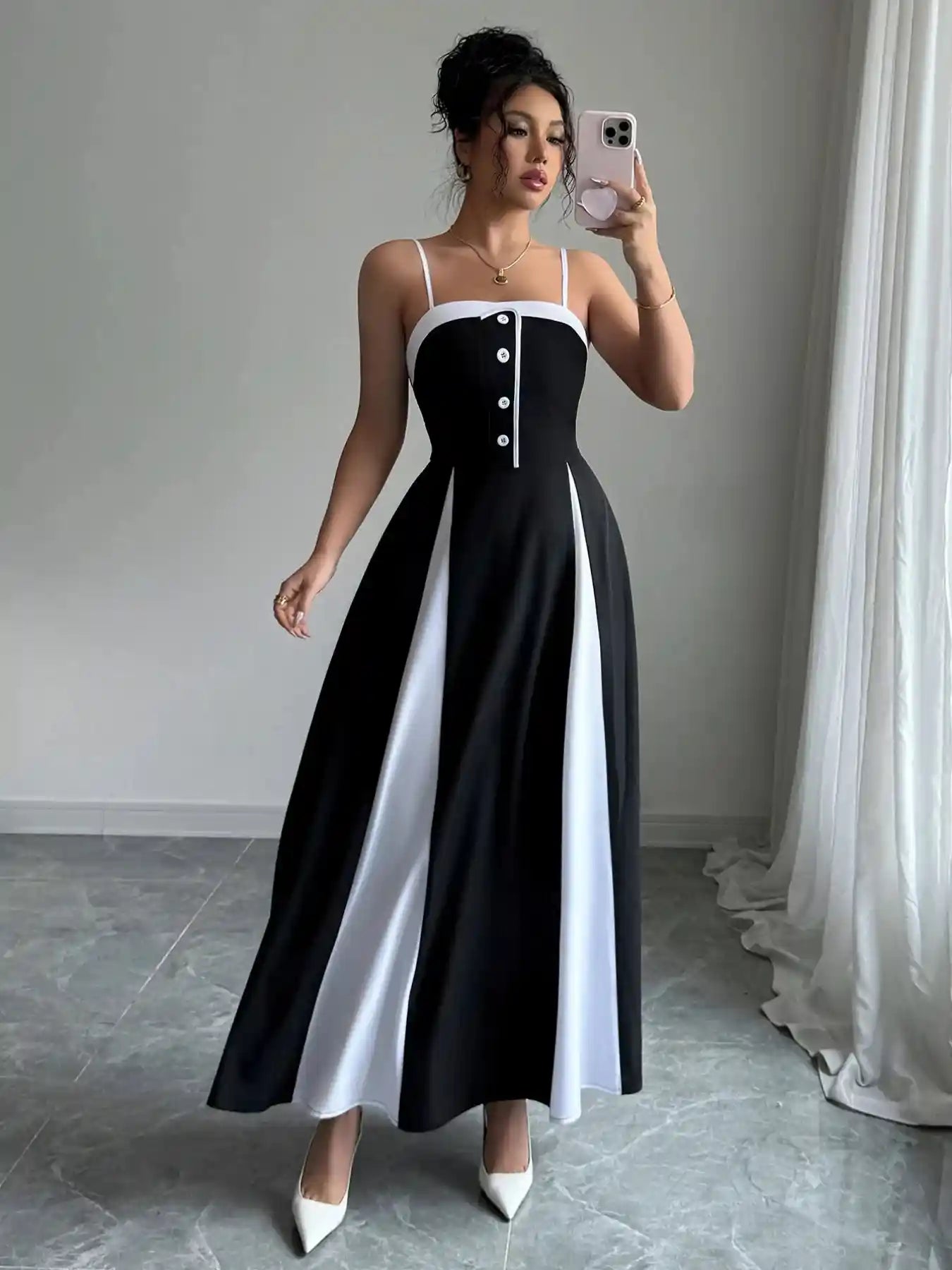 Decorative Button Contrast Maxi Cami Dress.
