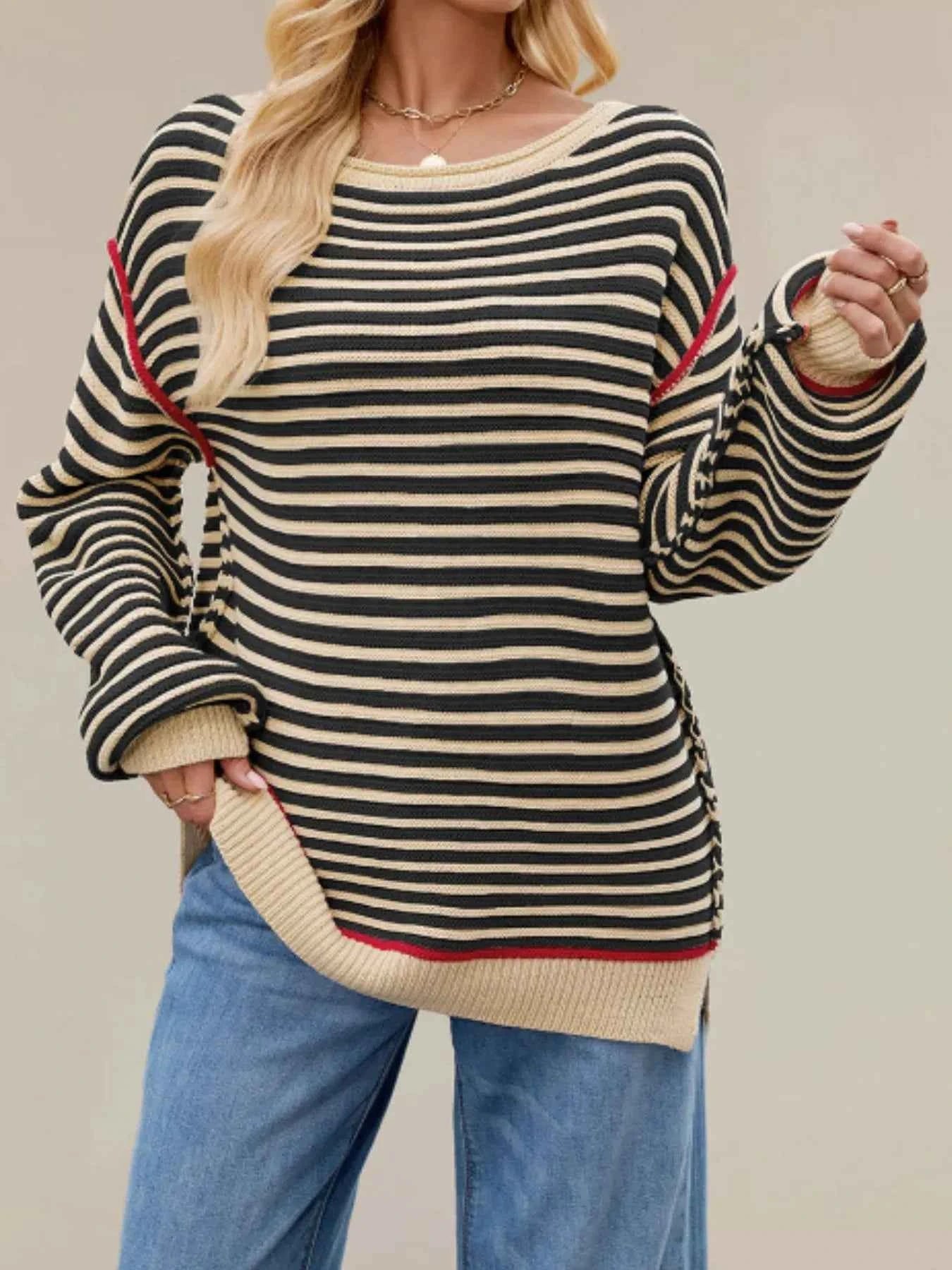 Slit Striped Oversized Sweater.