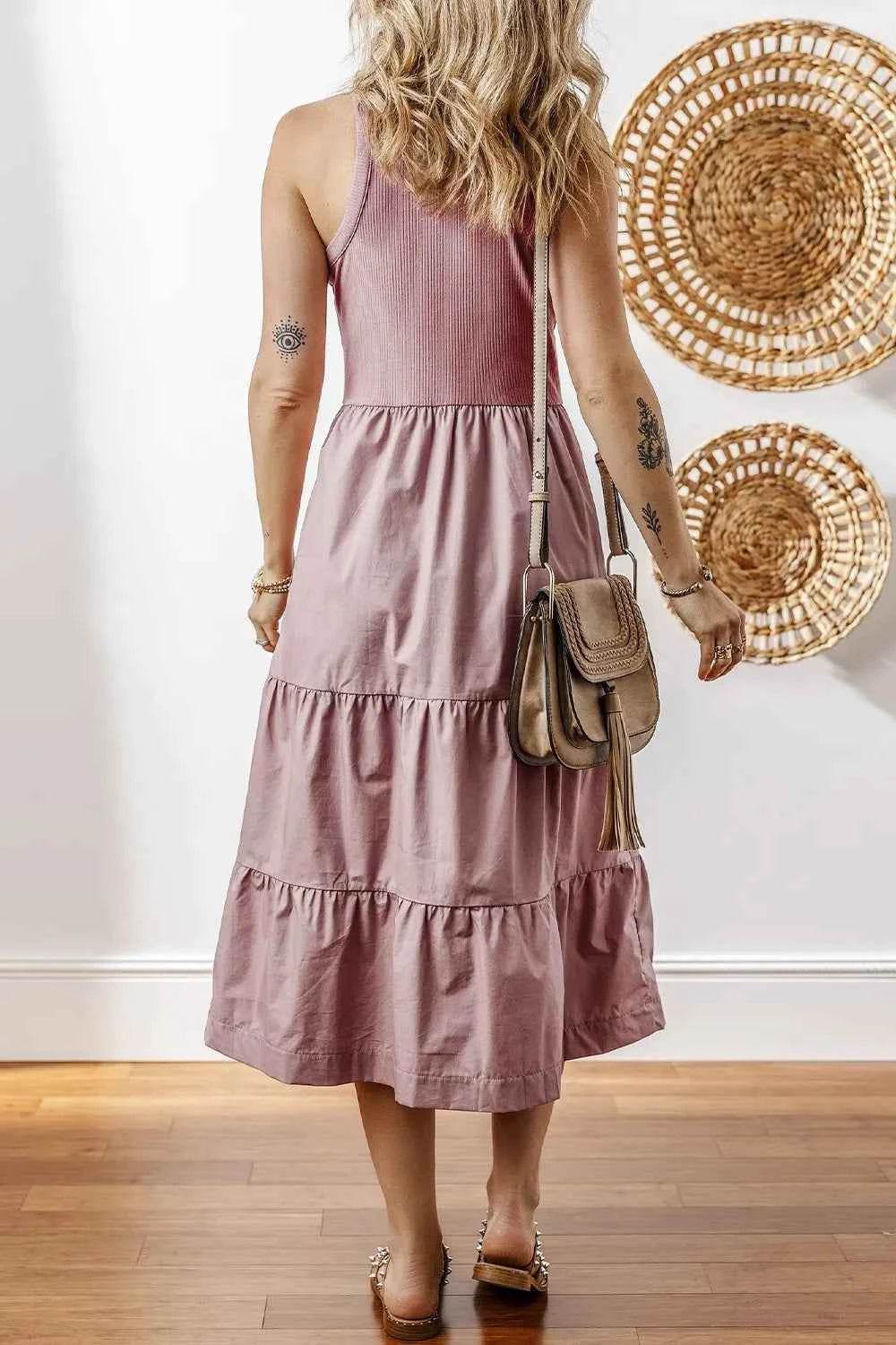 Ribbed Midi Dress with Patchwork and Pockets.