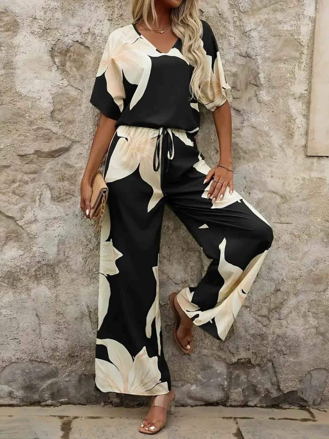 Printed V-Neck Top and Pants Set.