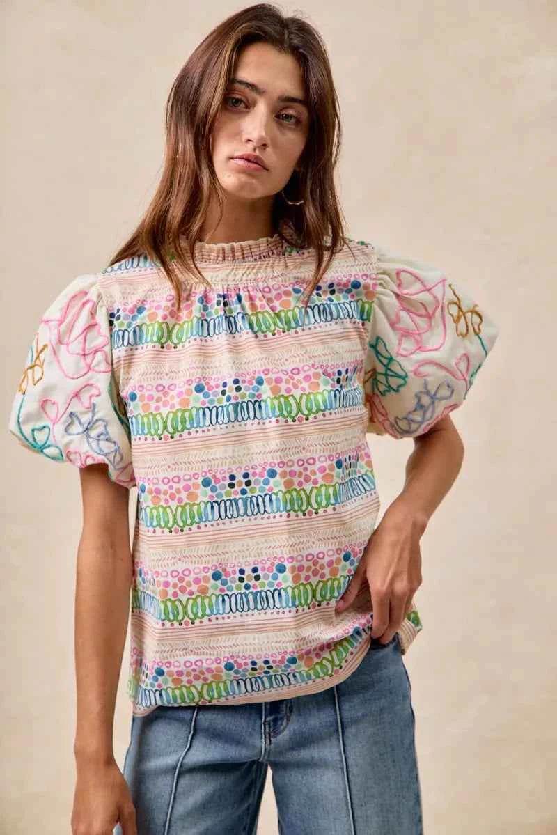 Ruffle Neckline Blouse with Embroidery for Effortless Style - EBYNN