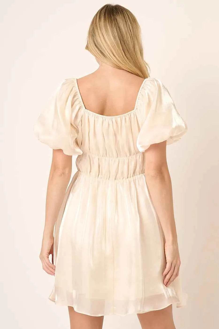 Metallic Organza Balloon Sleeve Mini Dress.