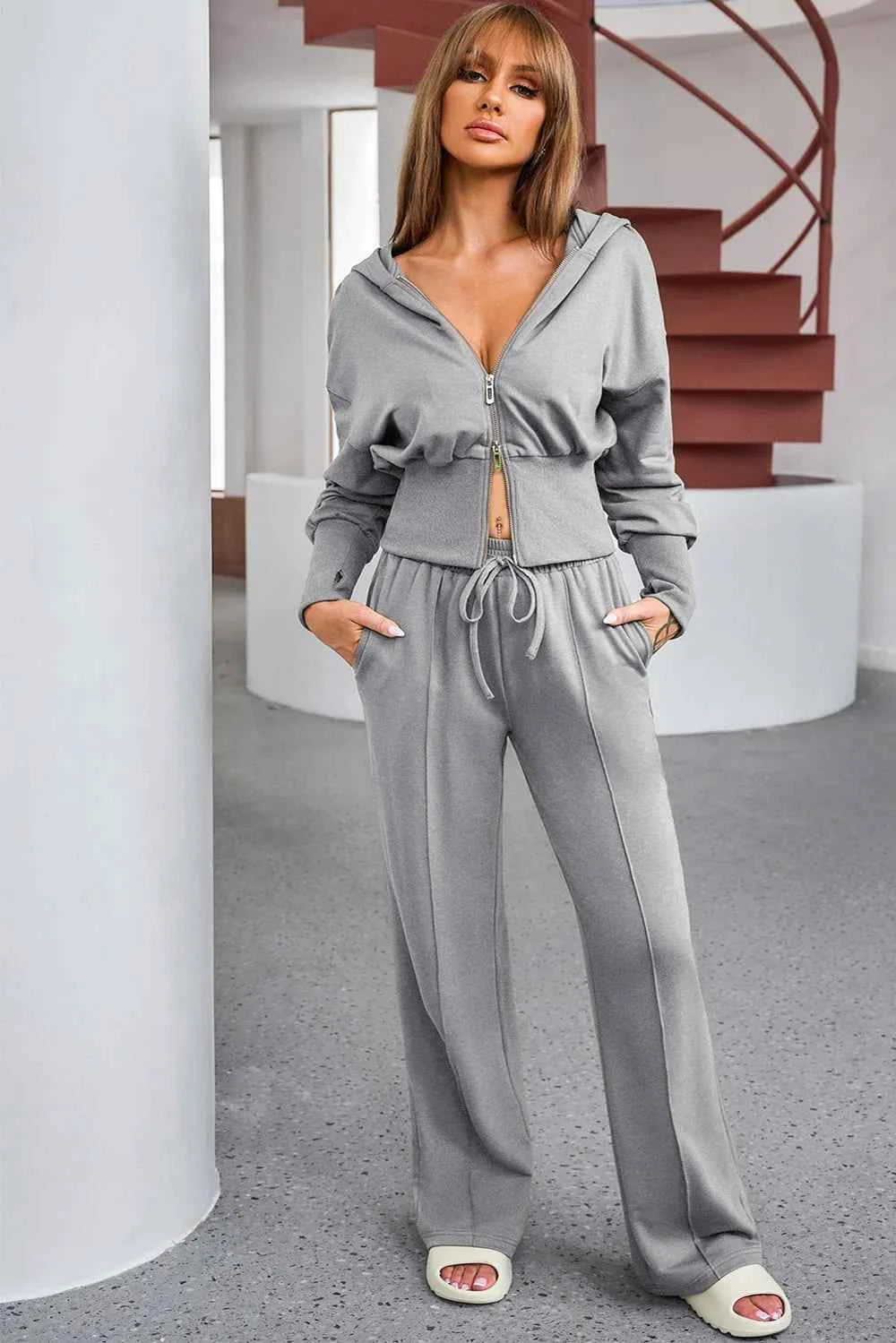 Dropped Shoulder Hoodie and Drawstring Pants Active Set.