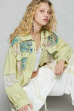 POL Printed Woven Mix Raw Hem Jacket with Lace Detail.