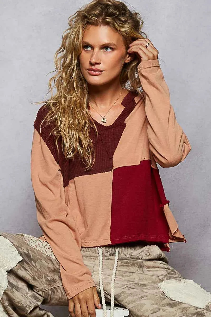 POL Color Block Notched Long Sleeve T-Shirt.