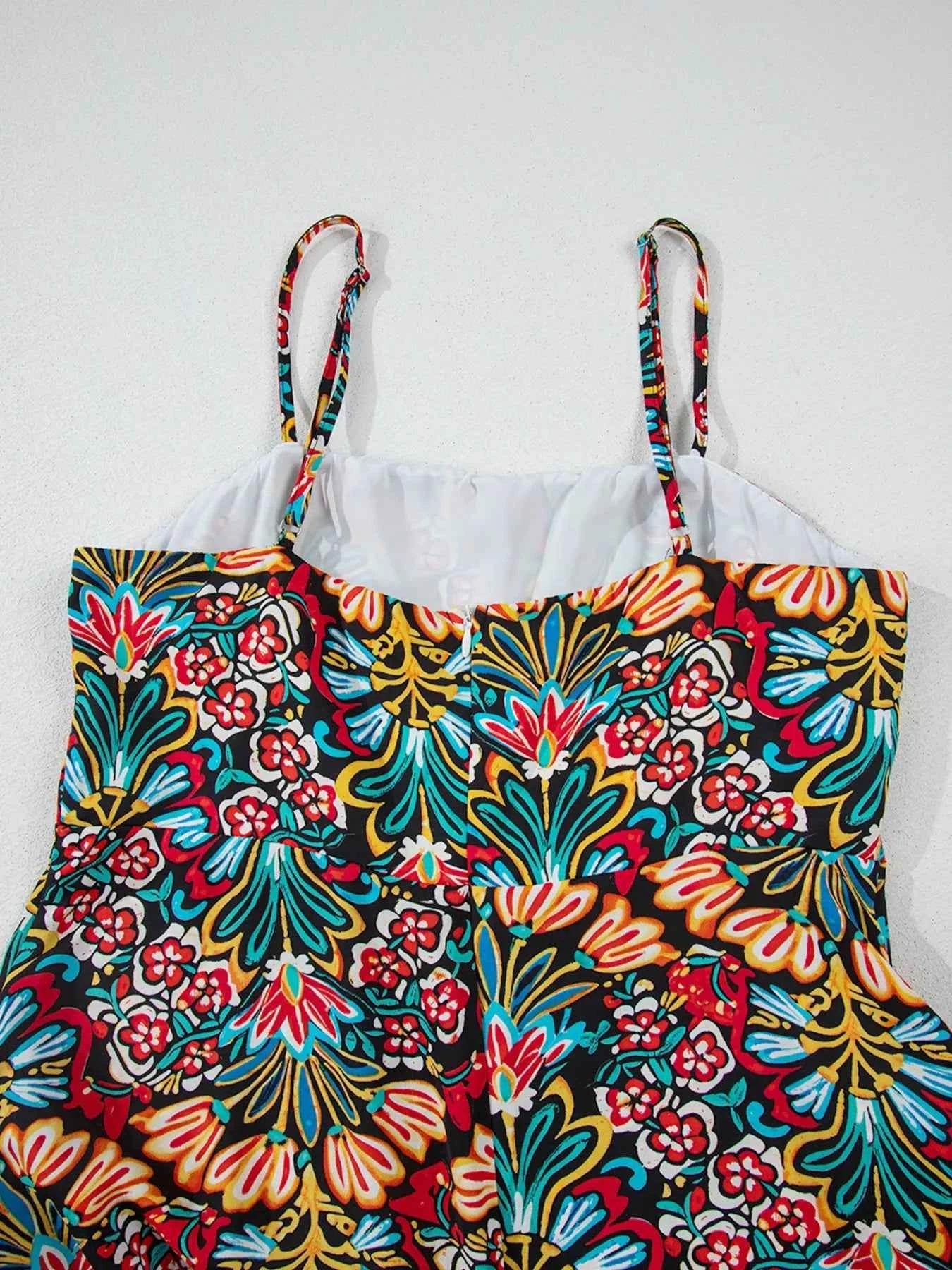 Floral Print High Waist Maxi Dress with Thin Straps.