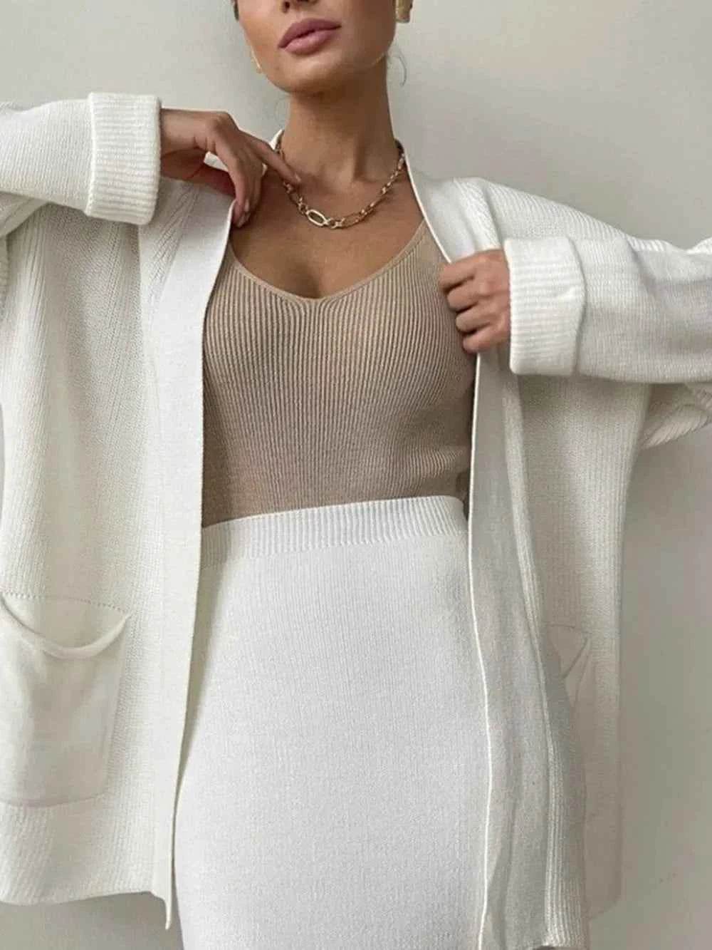 Pocketed Long Sleeve Cardigan and Skirt Sweater Set - EBYNN