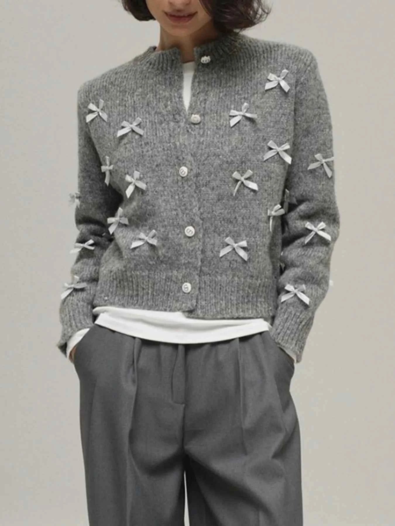 Bow Button Up Long Sleeve Cardigan.