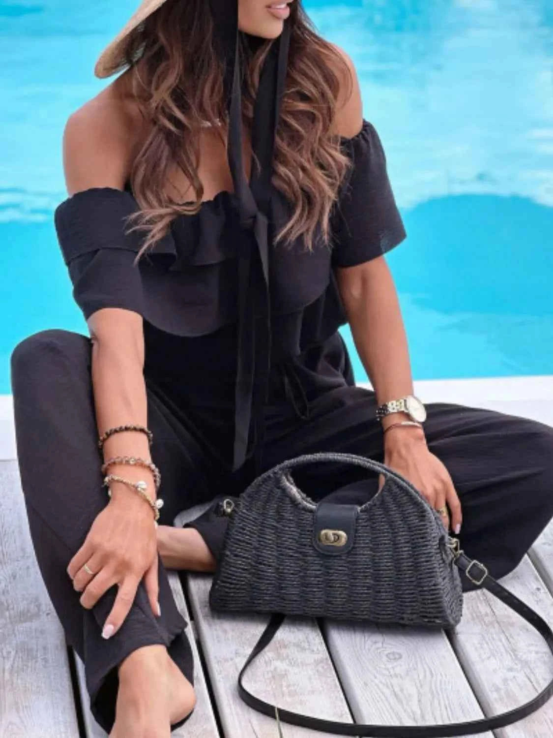 Off-Shoulder Ruffled Wide Leg Jumpsuit.