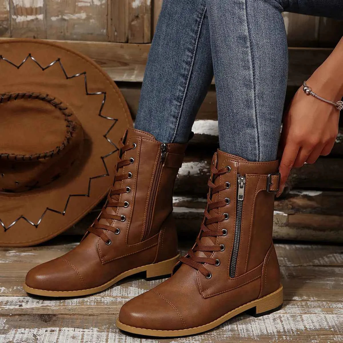 Round Toe Lace-Up Block Heels Boots.