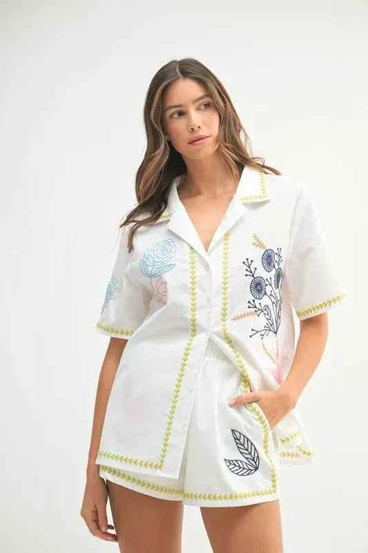 MABLE Embroidered Button Down Shirt & Shorts Set - EBYNN