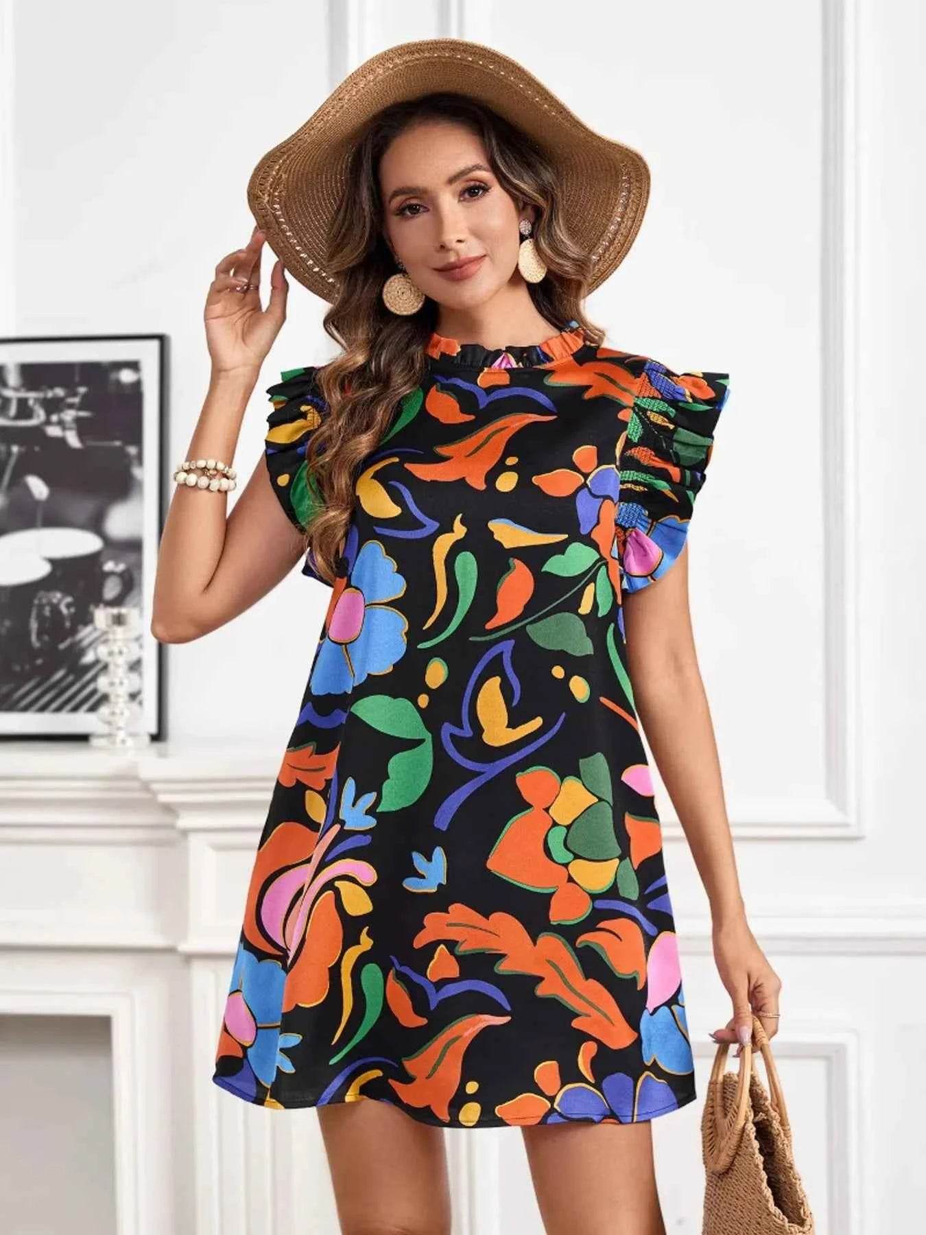 Printed Ruffle Sleeve Mini Dress.