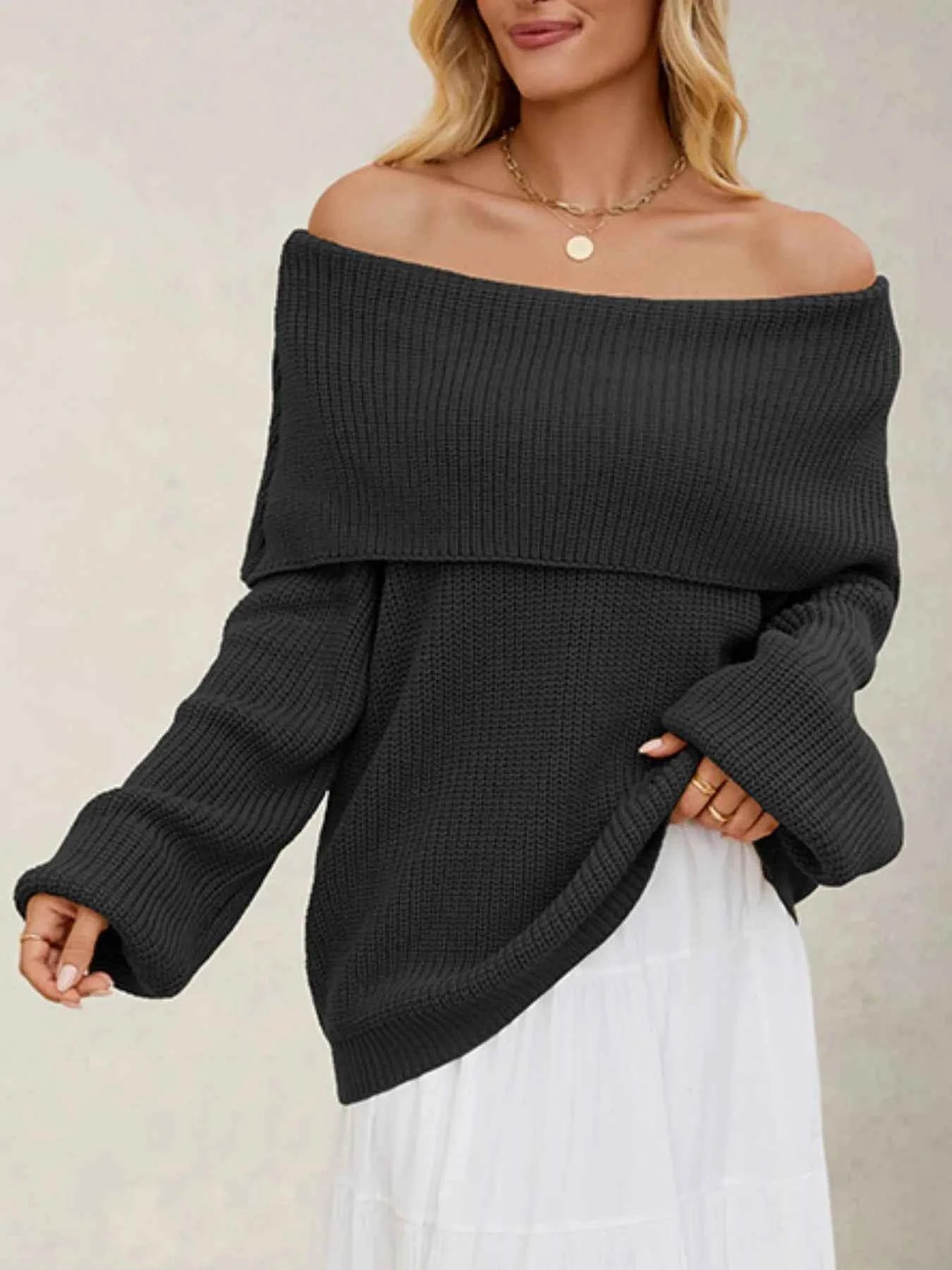 Fold-Over Collar Long Sleeve Sweater.