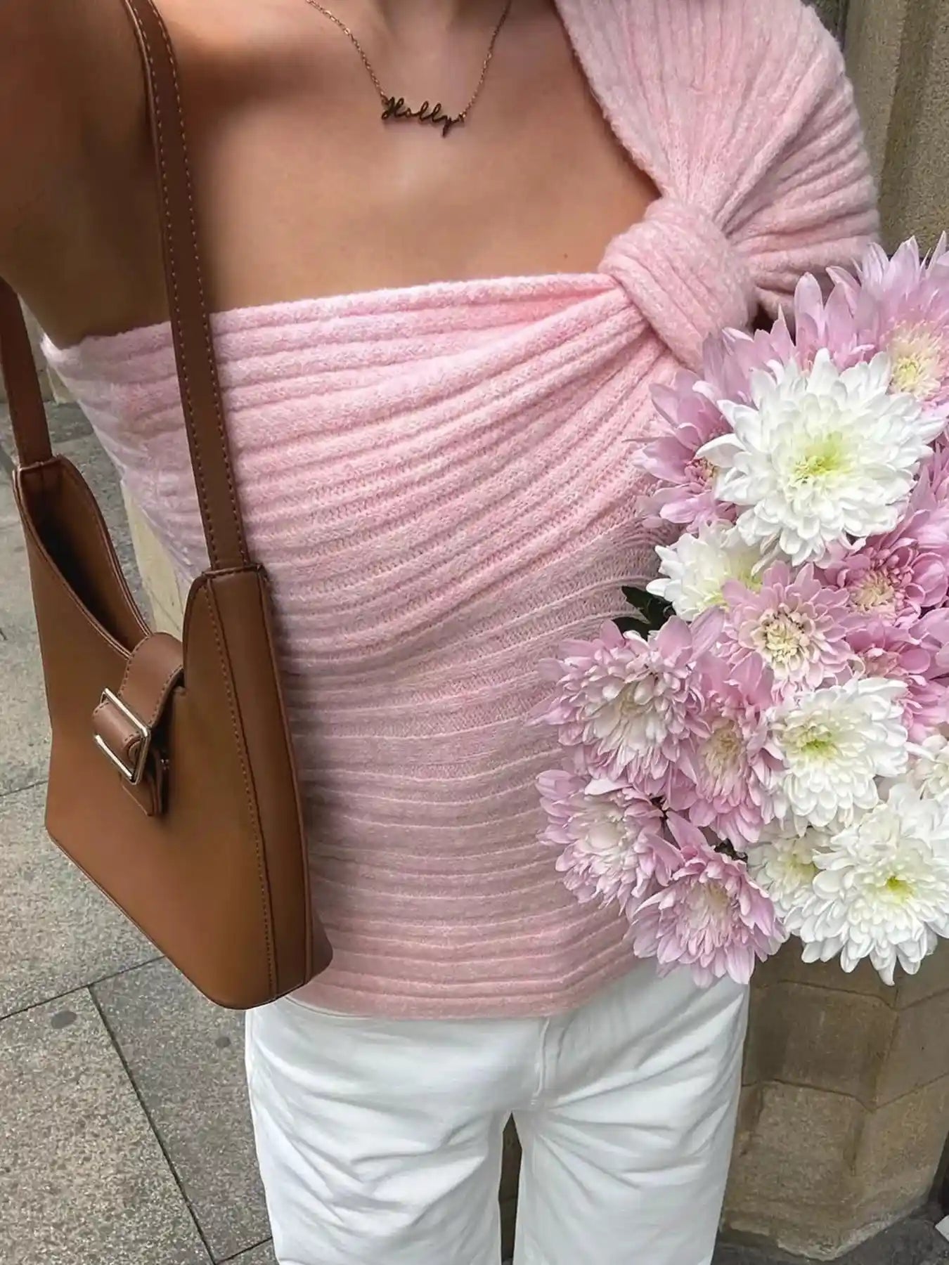 One Shoulder Ribbed Knit Sweater.