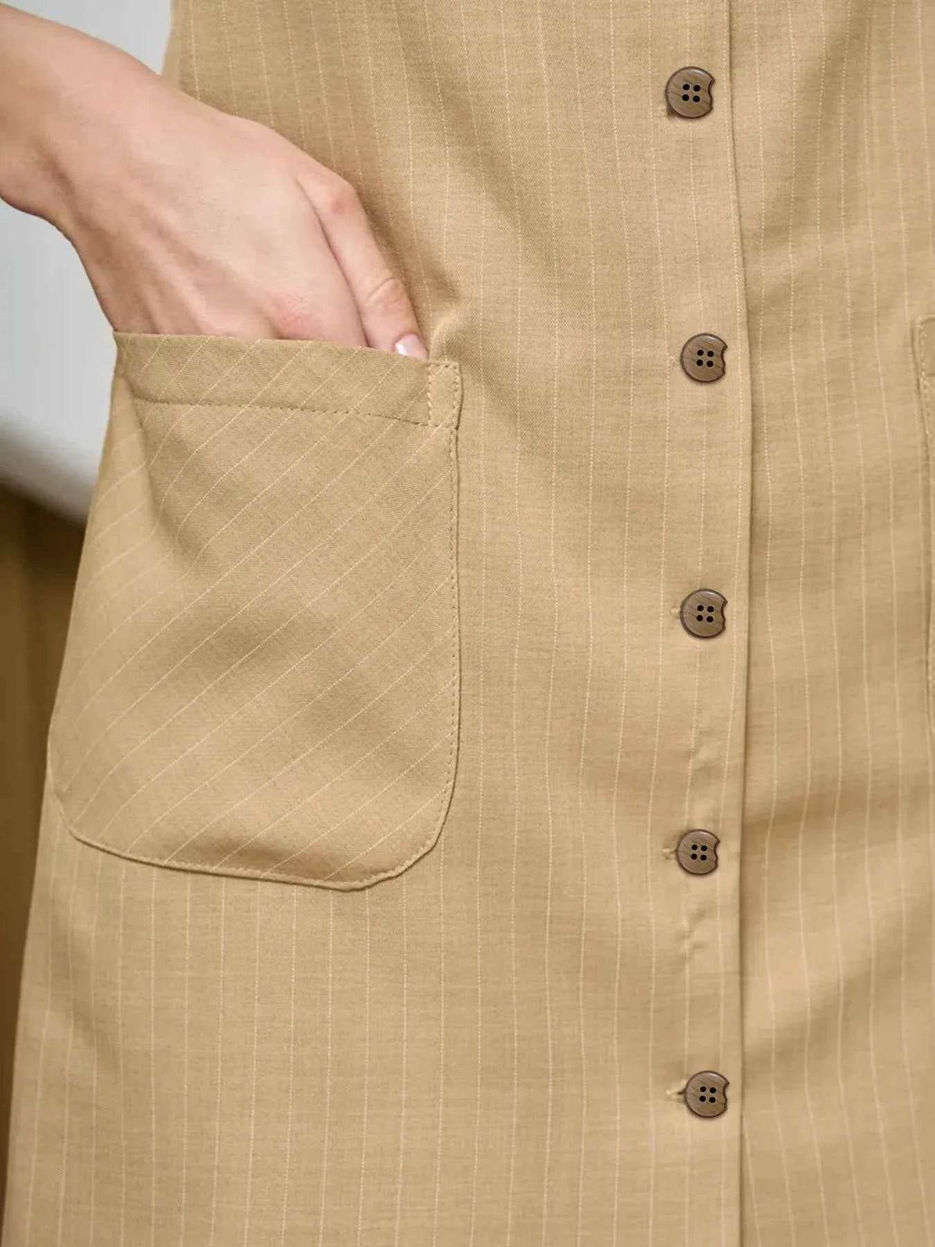 Button-Front Sleeveless Mini Dress with Tie Waist.