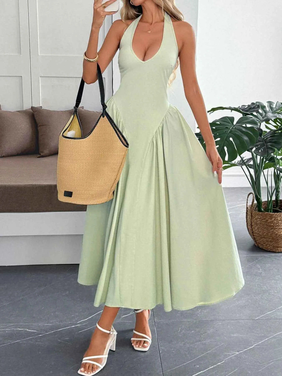 Halter Neck Ruched Midi Dress.