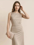 Ruched Round Neck Sleeveless Midi Dress.