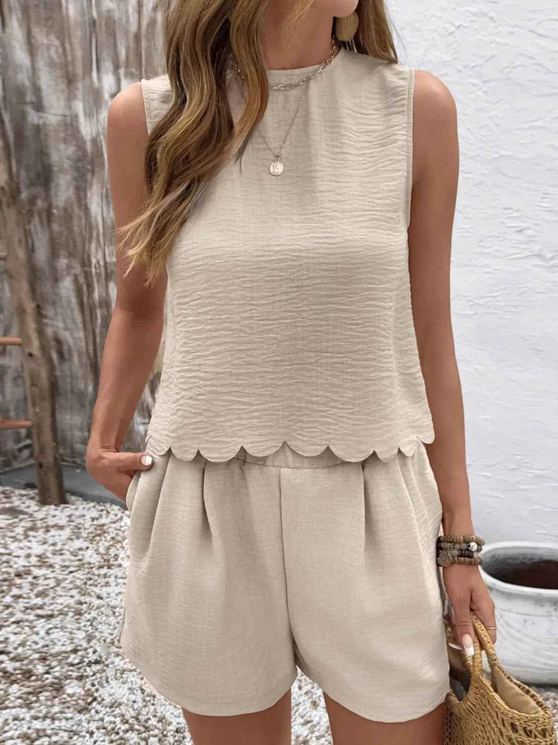 Round Neck Sleeveless Top and Shorts Set - EBYNN